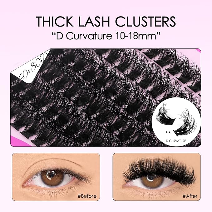 Lash Extension Kit Thick Lash Cluster Kit 10-18mm Volume Eyelash Clusters D Curvature Cluster Eyelash Extensions Kit 3D Wispy Lash Clusters DIY Lash Extension Kit(60D 80D-10-18MIX Thick Kit)