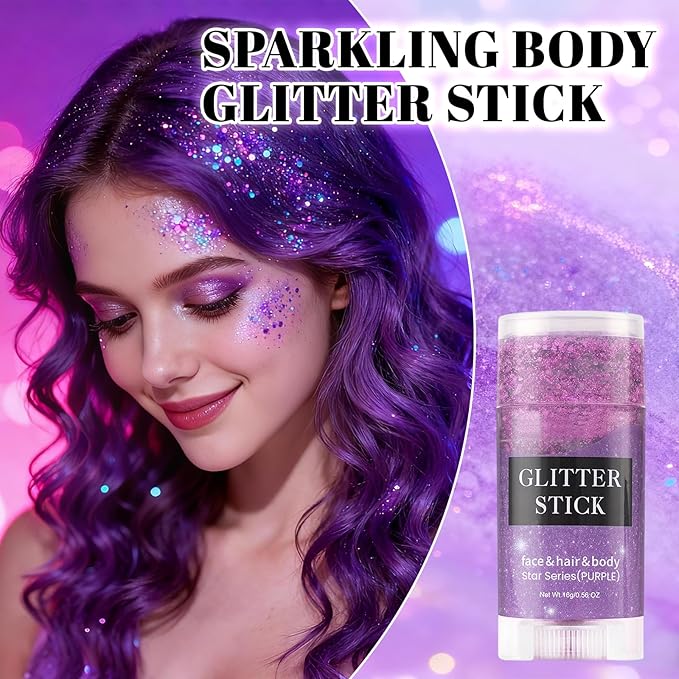 Face Body Glitter Stick,Holographic Sparkle Waterproof Hair Glitter Stick for Kids and Women for Party Singer Concert Rave Festival.(Purple)