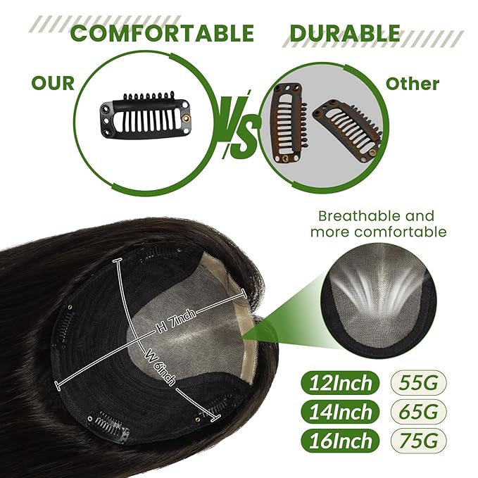 HAIR 12 Inch Toppers for Women Real Human Hair Natural Black color 150 Density 6x7inch Silk Base 55 grams All Remy Human Hair Wiglets Hairpieces for Thinning Hair (#1B 12inch)