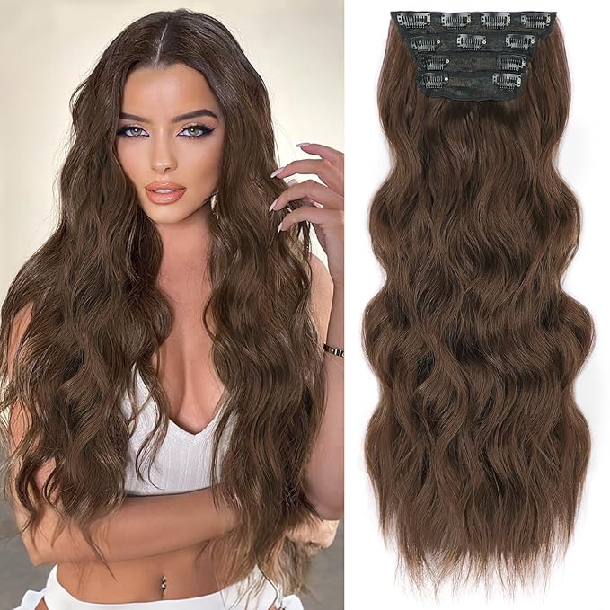 ALXNAN Clip in Long Wavy Synthetic Hair Extension 24 Inch Medium brown 4PCS Thick Hairpieces Fiber Double Weft Hair for Women