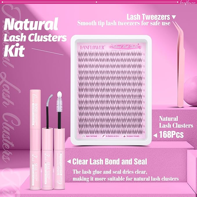 Natural Lash Clusters Kit Wispy Lash Extension Kit Bandless Eyelash Extension Kit C Curved Eyelash Clusters Soft and Lightweight Individual Lashes 168pcs Cluster Eyelash Extensions Kit by Lanflower