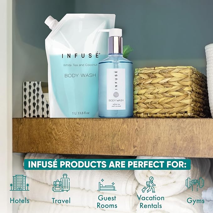 INFUSÉ 1 Liter Body Wash Refill Bag For Soap Dispensers | Bulk Toiletries for Vacation Rentals, and Home Bathroom Showers | White Tea and Coconut | Single