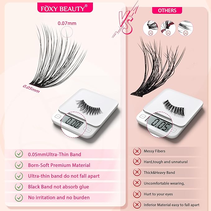 Foxy Beauty Premium Lash Clusters - Wispy Natural & Fairy Spiky WideSpan Individual Eyelash Clusters 0.05mm Ultra-thin Invisible band Eyelash Extension for Starter DIY