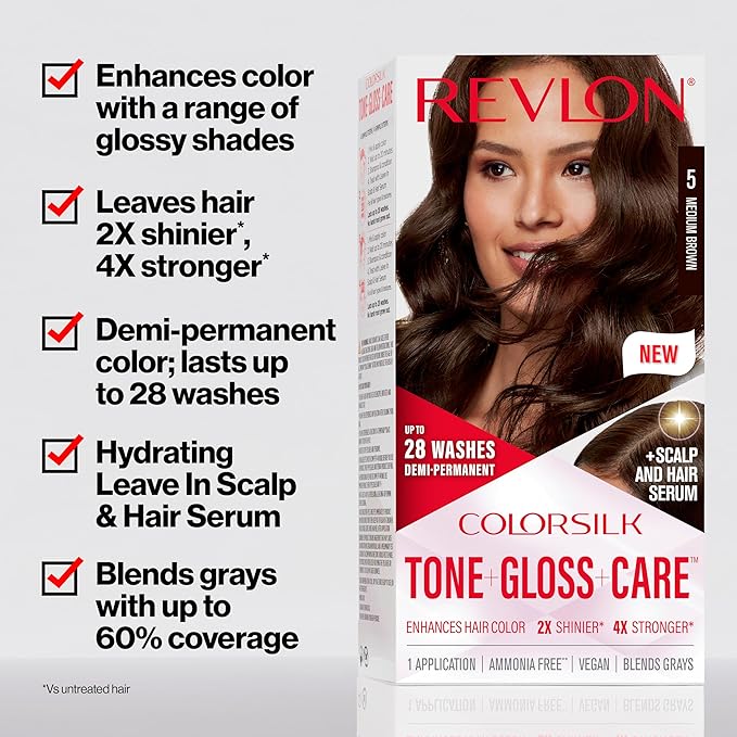 Revlon ColorSilk Tone + Gloss + Care Demi Permanent Hair Color, Dye Kit with Leave-In Scalp and Haircare Serum, 2x Shinier, 4x Stronger, 1 Black, 4.5 fl oz