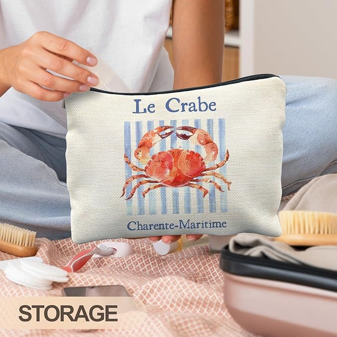 RYYCDOI Vintage Crab Beach Makeup Bag, Crab Lovers Gifts Cosmetic Bags for Women, Gifts for Beach Ocean Lovers, Retro Blue Stripes Seafood Aesthetic Zipper Makeup Pouch