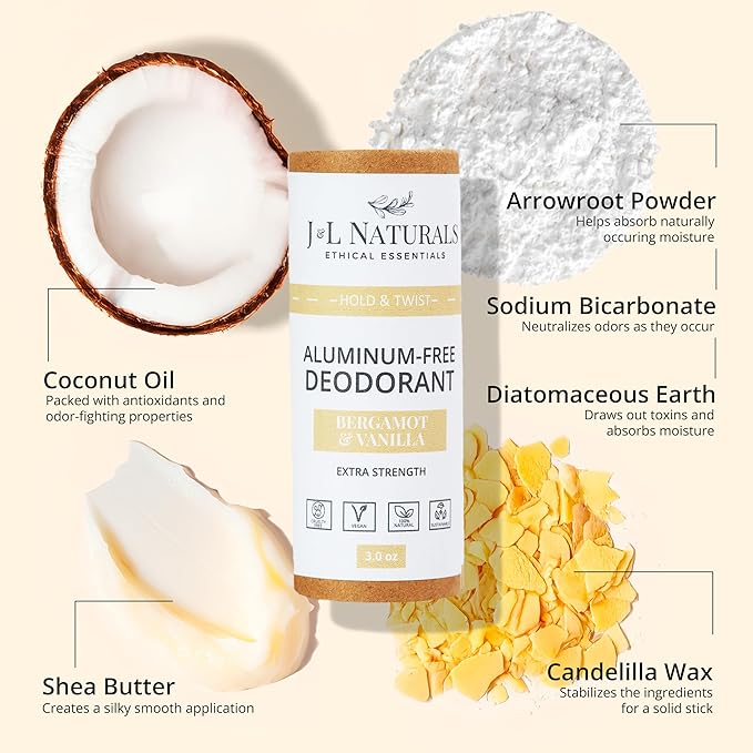 J&L Naturals Aluminum Free Deodorant for Men & Women | 100% Natural Ingredients With Coconut Oil, Shea Butter, & Essential Oils | Sustainable, Eco-Friendly (Bergamot & Vanilla, 3.0 Oz (Single))