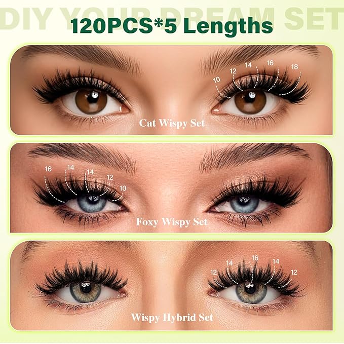 KEYYOU LASH Lash Clusters Kit Manga Lashes 8-18mm C Curl Wispy Lash Cluster Ultra-Thin Natural Lash Cluster with Spike Eyelash Extension 120pcs Fairy False Eyelash with Remover Bond and Seal（F04 Kit）