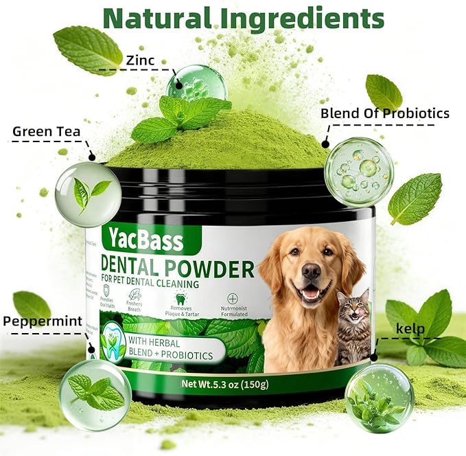 2 Pack Dog Dental Powder,Dog Teeth Cleaning Powder and Cat Breath Freshener, Reduces Plaque & Bad Breath Off,Natural Herbal Blend of All Breeds -150 Grams