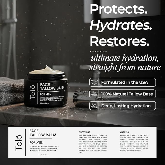 Talö Beef Tallow Moisturizer for Men | 100% Natural Grass Fed Beef Tallow for Face | Rich in Vitamins w/No Fillers & Synthetics | Anti-Aging Face Cream for Dry & Sensitive Skin | 1.7fl. oz jar