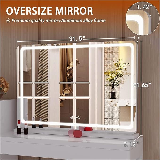 Hasipu Vanity Mirror with Lights, 31.5" x 22" LED Makeup Mirror, Lighted Makeup Mirror with Dimmable 3 Modes, Touch Screen Control Vanity Mirror Round White
