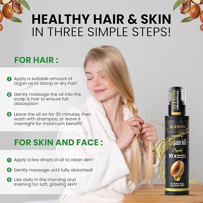 𝓐𝓛𝓕𝓩𝓞𝓝 Moroccan Argan Oil 100% Pure USDA Organic Cold Pressed Lightweight Formula for Dry, Damaged & Curly Hair Boosts Shine, Controls Frizz, Hydrates Skin, Face, Body & Beard - 100 ml (3.38 oz)