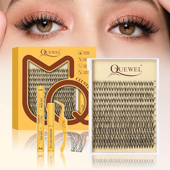 QUEWEL Lash-Clusters Kit,144pcs Wispy-Lash-Clusters Kit Mix10-18mm Wispy Natural Invisible Band Eyelash Clusters Kit for DIY Cluster Eyelash Extensions(Gem 4 Set)