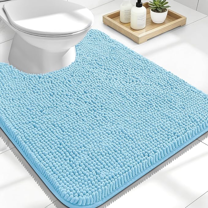 OLANLY Toilet Rugs U-Shaped 24x20, Extra Soft Absorbent Chenille Contour Bathroom Rugs for Toilet, Dry Quickly, Machine Washable, Non-Slip Bath Mat, Sky Blue