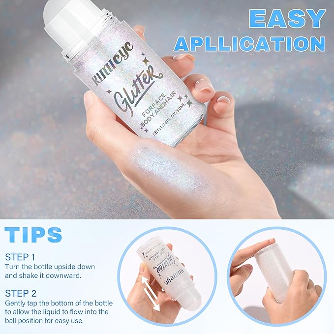 Roll-on Face Body Glitter Gel for Women, 1.69oz Large Capacity Holographic Color Changing Glitter Gel Shimmer Makeup for Singer Concert Festival Rave Accessories, #3 Dazzle