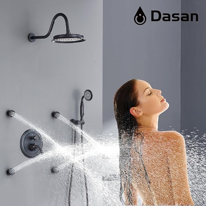 DASAN Antique Shower Faucet Set Complete Rain Shower System in Wall with Body Shower Spray Jets, Oil Rubbed Bronze Shower Fixtures with Rainfall Overhead Shower, Handheld, Valve & Trim Kit, AT249W-ORB