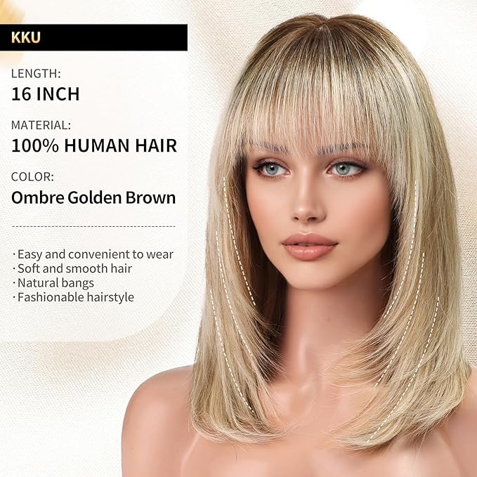 KKU 16 Inch Ombre Blonde Brown Human Hair Wigs for Women,Layered Straight Hair Wig with Bangs,Wear Natural Realism