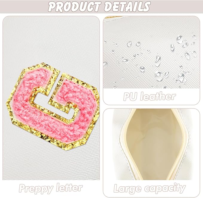 URSKYTOUS Initial Makeup Bag Personalized Preppy Travel Small Cosmetic Bag Cute PU White Chenille Letter Makeup Pouch for Purse Waterproof Zippered Toiletry Organizer for Women Girls Kids Friends (G)
