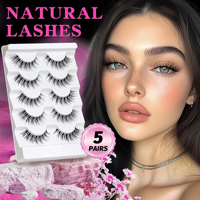 Veleasha Lashes Wispy False Eyelashes 100% Handmade Eyelashes Natural Look Fake Lashes Lightweight Lashes with Soft Clear Band & Lash Glue and Tweezers 5 Pairs Pack (G2 Kit)