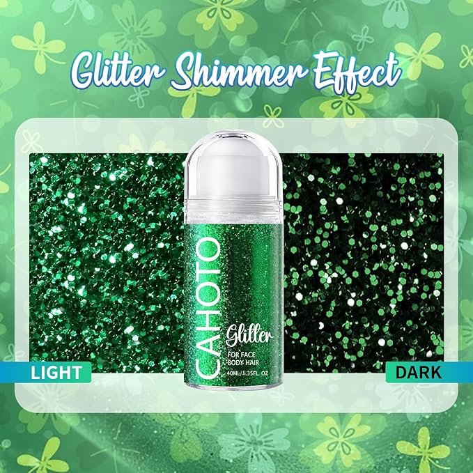 Green Rolling Glitter for Face Body & Hair, Roll-on Sequins for St. Patrick's Day, Sparkling Accessories for Christmas Concert Rave Festival Halloween Party Mardi Gras Carnival, 1.35fl.oz