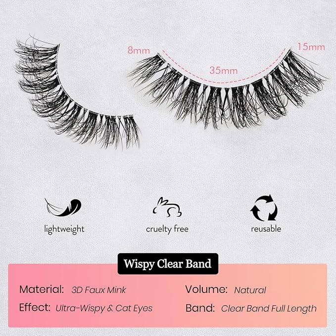 Cat Eye Lashes Natural Wispy Eyelashes 14 Pairs Fake Lashes Strips 8-15mm Short False Mink Eyelash Pack Small Clear Invisible Band Wispies Strip Lash Natural Look