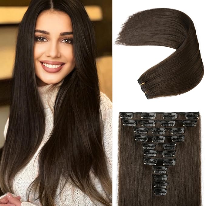 REECHO Hair Extensions, 11PCS Clip in Hair Extensions 24" Long Straight hair extensions HE005 Natural Soft Synthetic Hairpieces for Women – Chocolate Brown