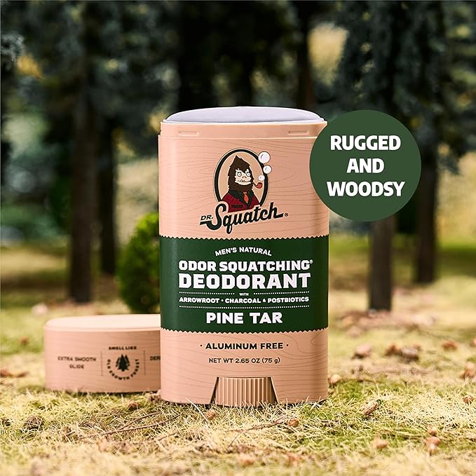Dr. Squatch Natural Men’s Deodorant – Aluminum Free Natural Deodorant Men with Charcoal & Postbiotics for 72-Hour Odor Protection – Pine Tar, 2.65oz Stick (3-Pack)