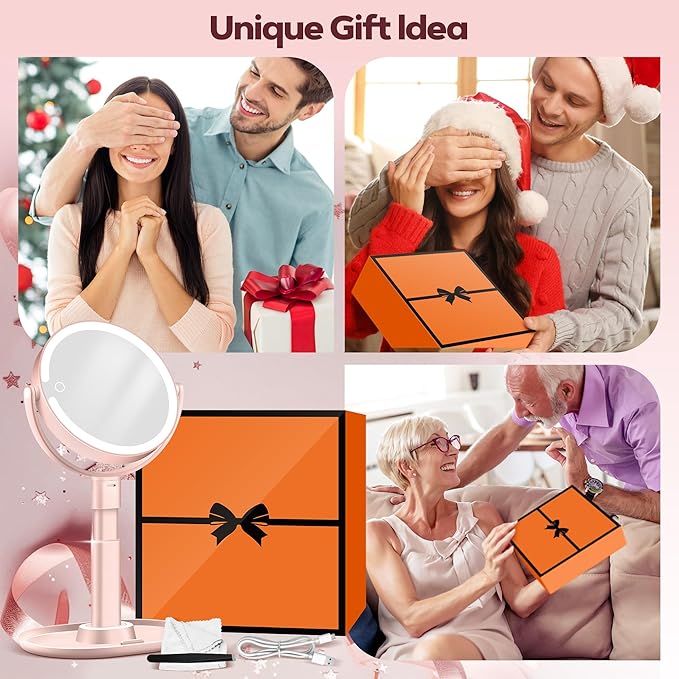 Makeup Mirror with Lights, 30X Magnifying & Height Adjustable, Lighted Magnifying Mirror with 3 Light Modes and Stepless Dimming, Vanity Mirrors for Bathroom, Birthday Gift for Women, Pink