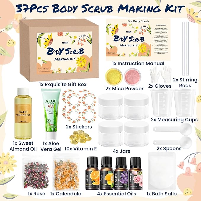 Body Scrub Making Kit- Make Your Own Salt Body Scrub, Salt Scrub for Body with Almond Oil, Moisturizing and Exfoliating Dry Skin Hand Foot, DIY Organic Body Care Christmas Gifts For Women & Men