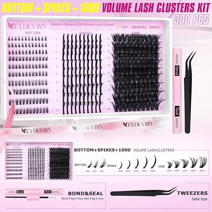EYDEVRO Volume Eyelash Clusters Kit 100D Lash Clusters with Spikes Lash Extension Kit Bottom Lashes Wispy Cluster Eyelash Extensions 300 Pcs Spiky Lash Clusters Kit Lash Bond and Seal Tweezers Brushes