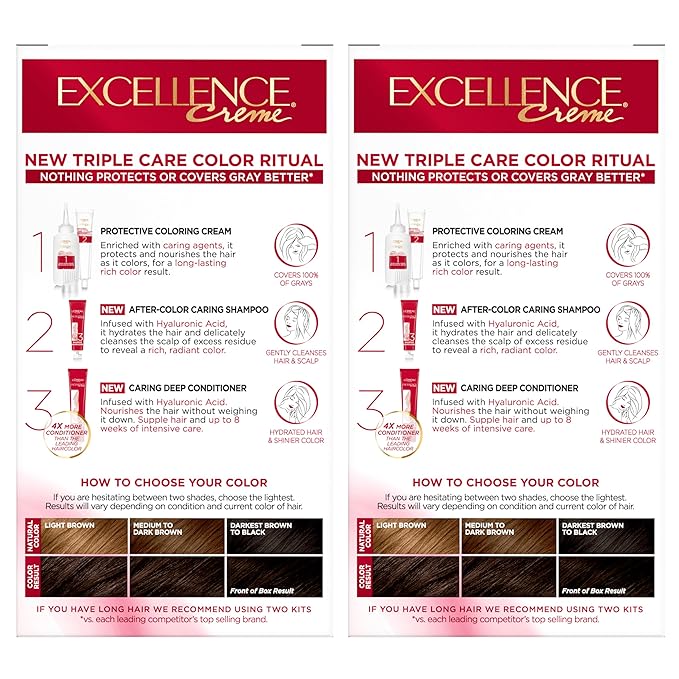 L'Oreal Paris Excellence Crème Permanent Hair Dye, Triple Care Hair Color with Hyaluronic Acid for 100% Gray Coverage, 4A Dark Ash Brown, 1 Kit (Pack of 2) (Packaging May Vary)
