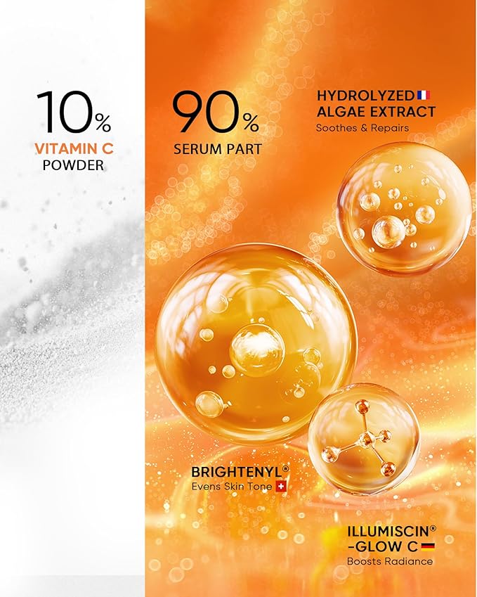 Dual-Chamber Fresh Vitamin C Brightening Serum for Face, 10% Pure Vit C Powder Serum, Dark Spot Corrector, Oxidation-Proof with UV Shield