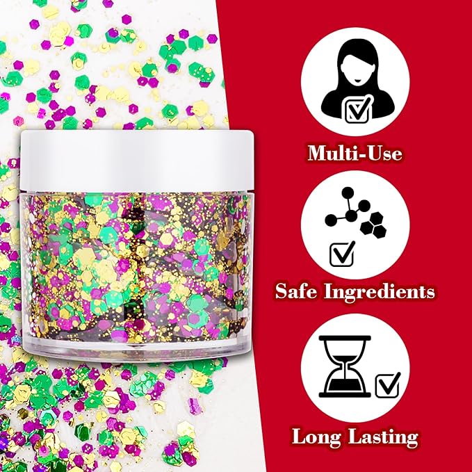 Mardi Gras Gold Hair Face Glitter,Mardi Gras Outfit for Women,Green Purple Gold Mixed Holographic Self-Adhesive Body Glitter,Festival Chunky Sequins Carnival Costume New Orleans Decorations