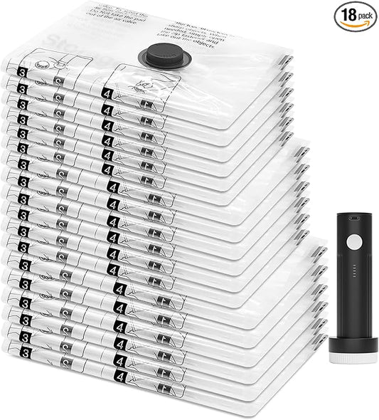 18 Pack Travel Vacuum Storage Bags with Portable Electric Pump, Compression Packing Seal Space Saver Cubes for Clothing Clothes Suitcase Luggage Organizer