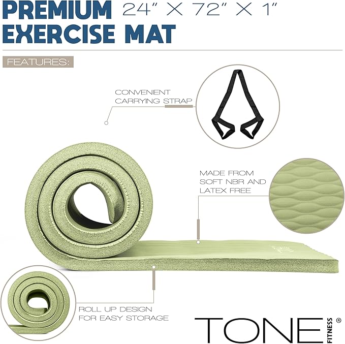 Tone Fitness 1-Inch Thick Yoga Mat | High-Density, Non-slip Exercise Mat with Carrying Strap for Yoga, Pilates, & Home Gym Workouts | Multiple Options