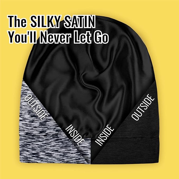 Satin Lined Sleep Cap Bonnet for Curly Hair and Braids, Stay On All Night Hair Wrap with Adjustable Strap for Women and Men, Black and Grey, Pack of 2