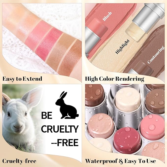 3 Pcs Cream Waterproof Blush Contour Highlighter Stick Finishing Makeup