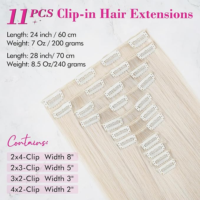 REECHO Hair Extensions, 11PCS Clip in Hair Extensions 24" Long Straight hair extensions HE005 Natural Soft Synthetic Hairpieces for Women Pearl Platinum