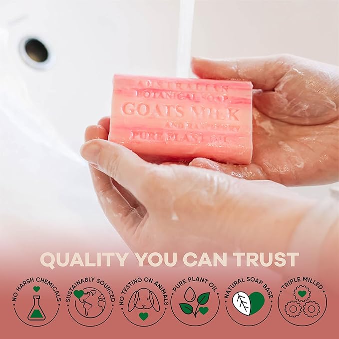 Australian Botanical Soap Goat Milk Soap Collection, 6.6 oz Bars, Goats Milk with Shea, Pink Melon, Lemongrass, and Raspberry, Enriched with African Shea Butter, 2 Bars of Each - Variety Pack of 8