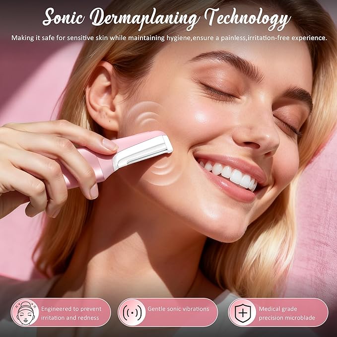 Sonic Dermaplane Razor for Women Face Beauty Eyebrow Trimmer, Exfoliation & Peach Fuzz Facial Hair Removal for Women, Electric Face Razors Shaver Epilator Anti-Aging 3 Speeds & 10 Refill Blades, Pink