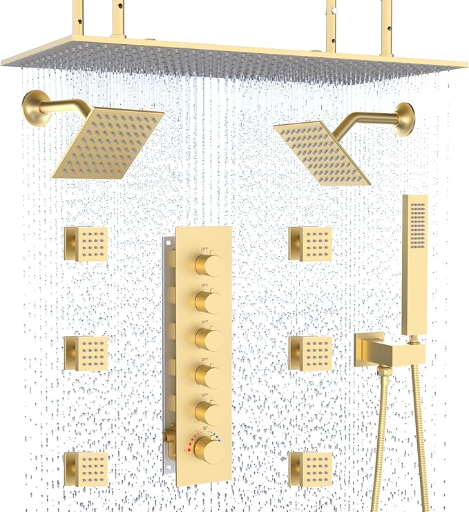HOMEDEC 15.7x31.5" Ceiling Rain Shower System with Handheld, 6 Spray Jets, and Dual Side 6" Wall Mount Shower Head, Brushed Gold