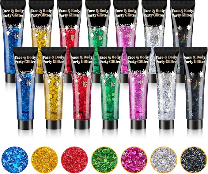 AROIC Face Glitter, 14Pcs Mardi Gras Accessories, Body & Hair Glitter Gel Sparkle Makeup for Women Party Rave Outfits, Concerts Festival Face Paint，Rave Accessories Music Festivals Black Light Party