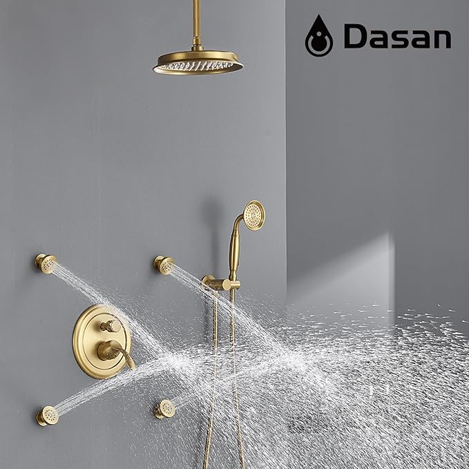 DASAN Antique Shower Faucet Sets Complete Rain Shower System in Wall with Body Shower Spray Jets, Brushed Gold Shower Fixtures with Rainfall Overhead Shower, Handheld, Shower Valve &Trim, AT249C-BTG