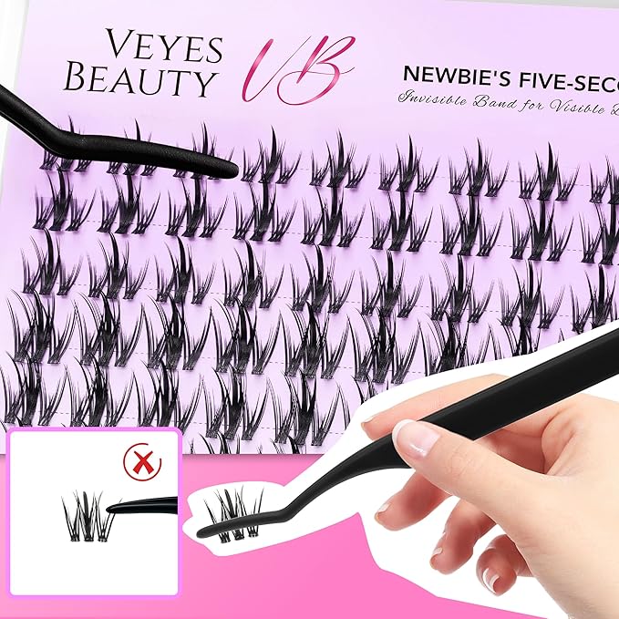 VEYESBEAUTY Lash Clusters Eyelash Extensions Thin & Invisible Band DIY Individual False Eyelashes Newbie's Five-Second Series Wispy Lash Tray for Self-application, Camellia Lashes 8-18mm Mixed Length