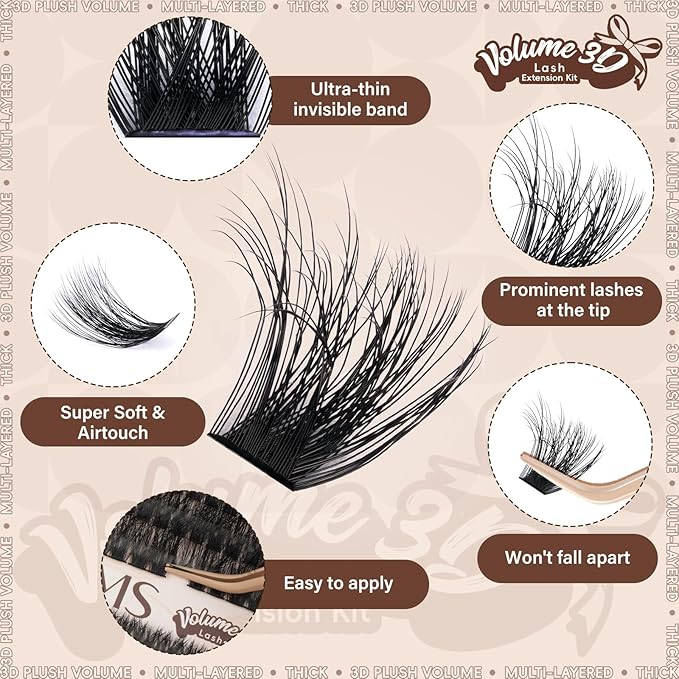 JMS&JMS Lash Clusters Kit 3D Effect Lash Extension Kit 80D 100D Fluffy Lash Clusters D Curl Lash Lift Kit with Lash Bond and Seal Waterproof, Lash Applicator, Thick False Eyelashes Kit (10-18MIX)
