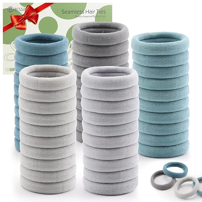 100 Pcs Thick Seamless Hair Ties, Ponytail Holders Hair Accessories No Damage for Thick Hair Valentine's Day Gift(Cool Colors)