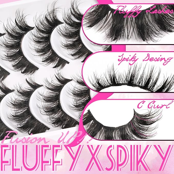 Veleasha Manga Lashes Faux Mink Lashes 8-17MM Cat Eye C Curl Fluffy Spiky Eyelashes with Black Cotton Band Anime 6D Effect False Eyelashes 10 Pairs Pack (Spiky01)