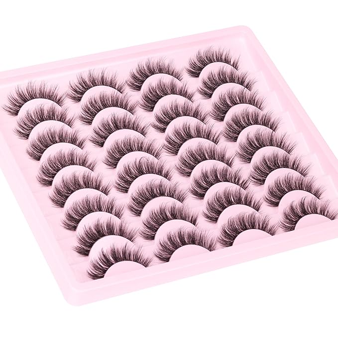 Natural Lashes Wispy Eyelashes Fuzzy Strip Eye Lashes Mink False Eyelashes Volume Fake Eyelashes 16 Pairs Eye Lashes Pack with Clear Lash Band