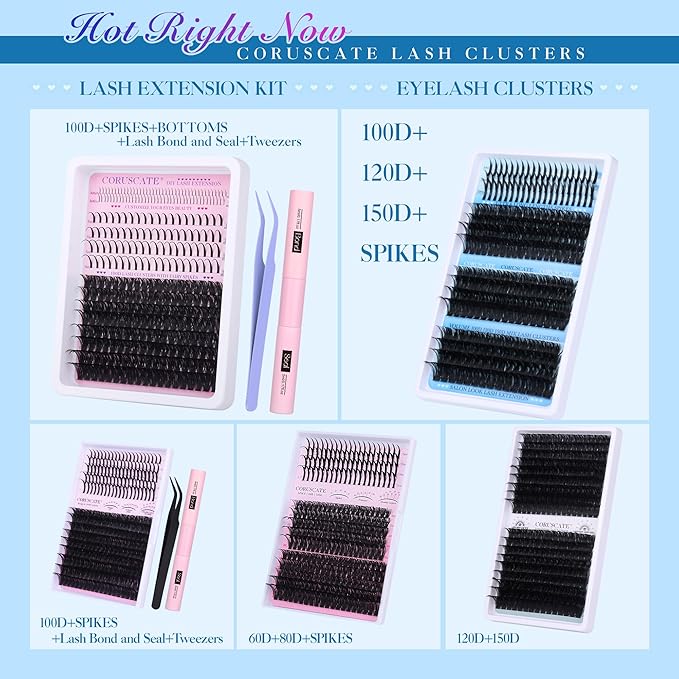 CORUSCATE Lash Clusters with Spikes 100D120D150D Eyelash Clusters Volume Cluster Eyelash Extensions Thick Mega Style Lash Extension DIY Individual Lashes Strip Mink Spiky Cluster Lashes