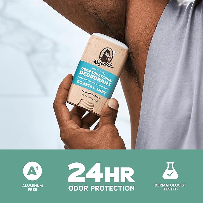 Dr. Squatch Natural Men’s Deodorant – Aluminum Free Natural Deodorant Men with Charcoal & Postbiotics for 72-Hour Odor Protection – Coastal Mist, 2.65oz Stick (2-Pack)