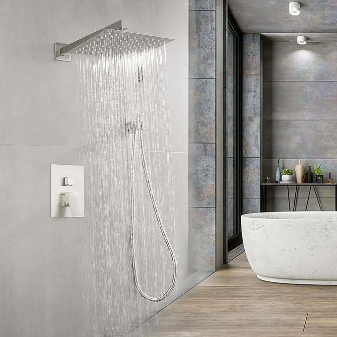 Fransiton Shower Faucet set with Shower head 12 Inches Rainfall Shower Head and Handle Set Single Handle Wall Mounted Shower System Set with Female Threads Valve Body(Brushed Nickel)